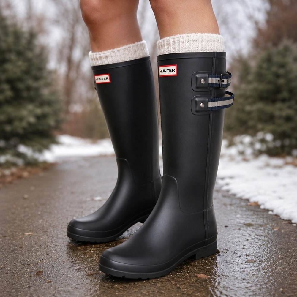 Hunter Original Tall Rain Boots Women 9 Black Striped Buckle Strap Equestrian - Picture 1 of 12